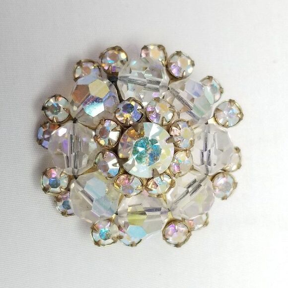 Vintage Sparkly AB Rhinestone and Glass Bead Cluster Brooch, Iridescent Pin - Picture 2 of 6